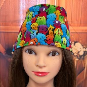 Handmade Multicolored Dog Print Scrub Cap/ Nurse Hat.